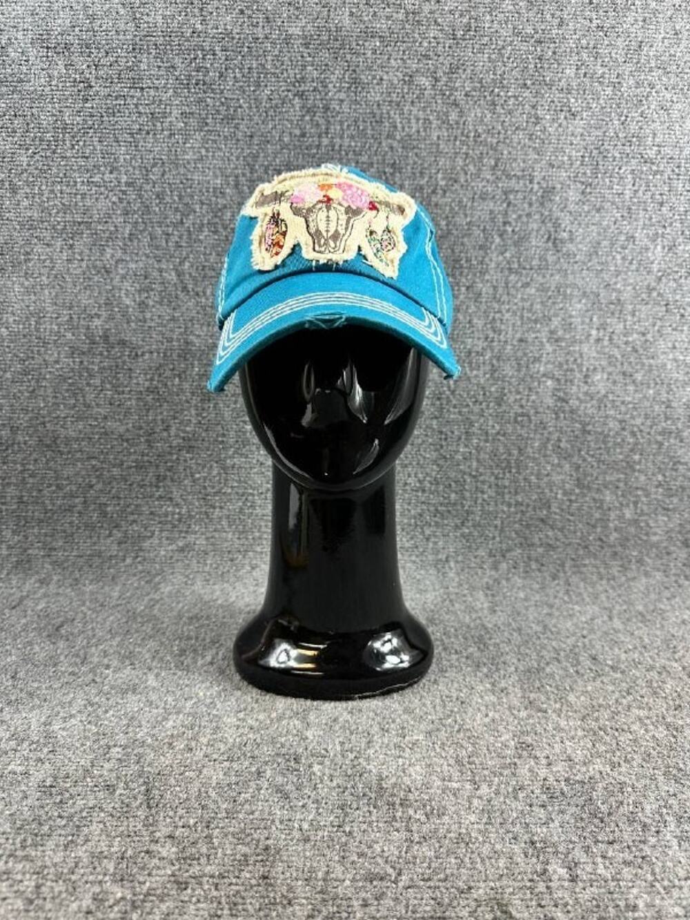 Vintage Kbethos Blue Cap Bull Skull Floral Embroidery Adjustable Hat - Picture 1 of 12